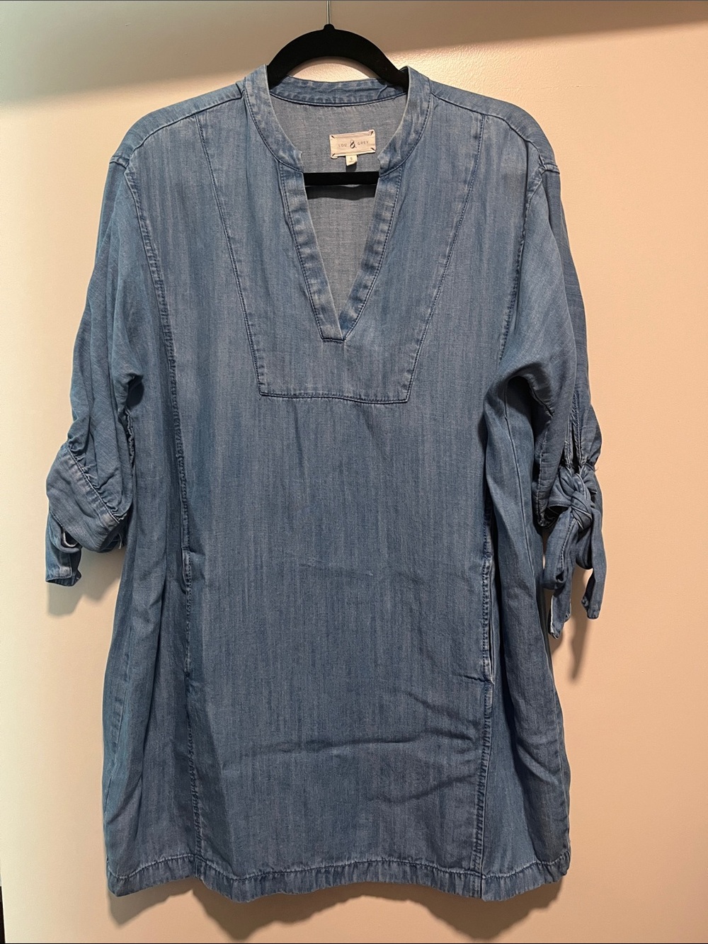 Denim Dress - Scoop Neck with Tie 3/4 Sleeves